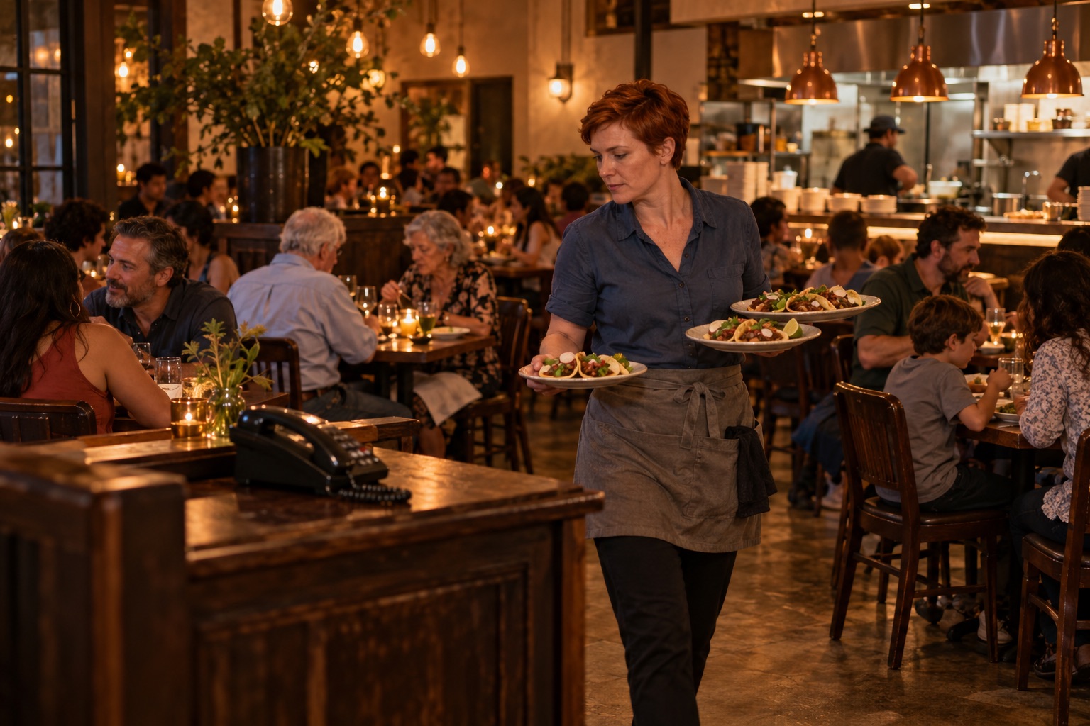 A server carries plates through a full dining room while the phone at the host stand sits untouched.