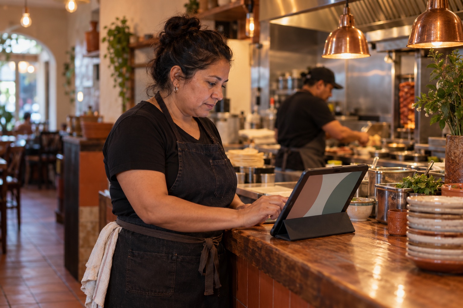 The owner checks the order screen before service.